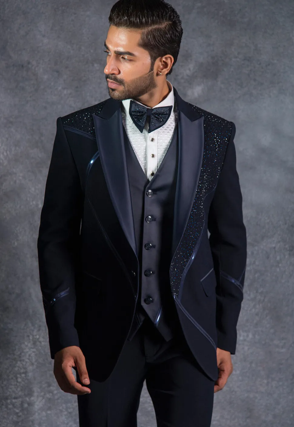 Embellished Pure Terry Rayon Tuxedo Set in Dark Blue