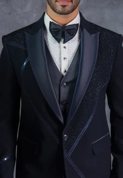Embellished Pure Terry Rayon Tuxedo Set in Dark Blue