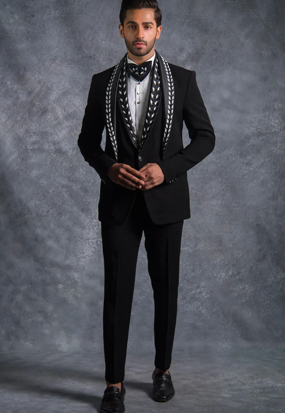 Embellished Pure Terry Rayon Tuxedo Set in Black