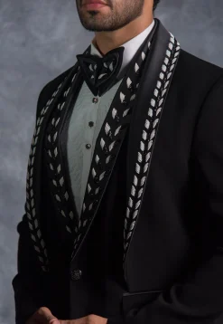 Embellished Pure Terry Rayon Tuxedo Set in Black