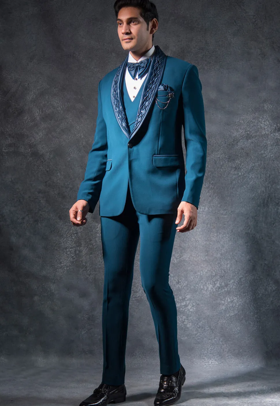 Embellished Pure Terry Rayon Tuxedo Set in Teal Blue