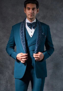 Embellished Pure Terry Rayon Tuxedo Set in Teal Blue