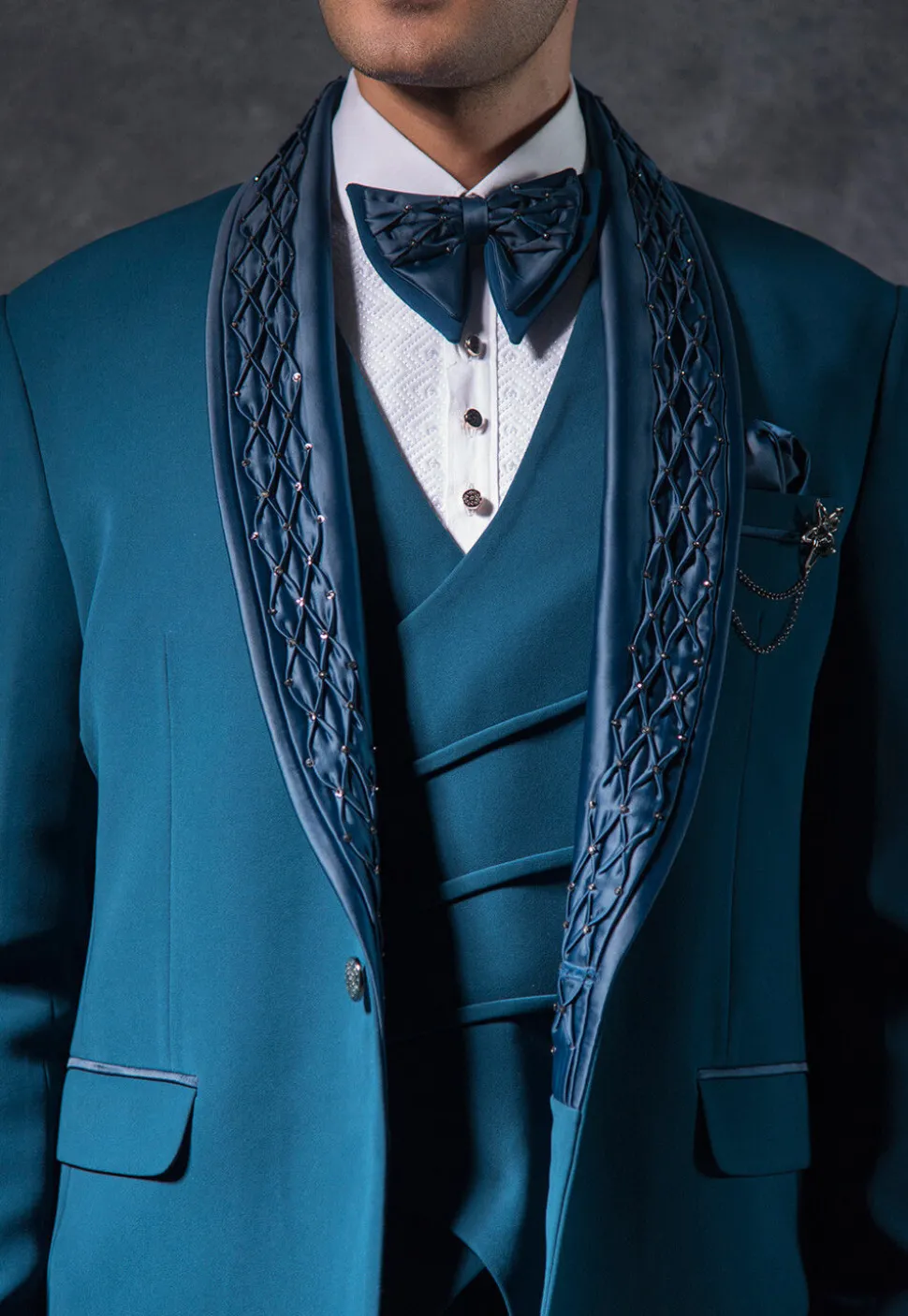 Embellished Pure Terry Rayon Tuxedo Set in Teal Blue