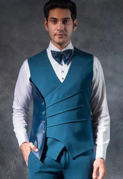Embellished Pure Terry Rayon Tuxedo Set in Teal Blue