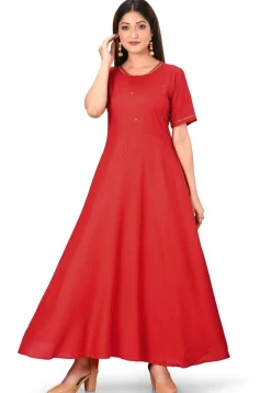 Embellished Rayon Long Kurta in Red