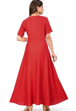 Embellished Rayon Long Kurta in Red