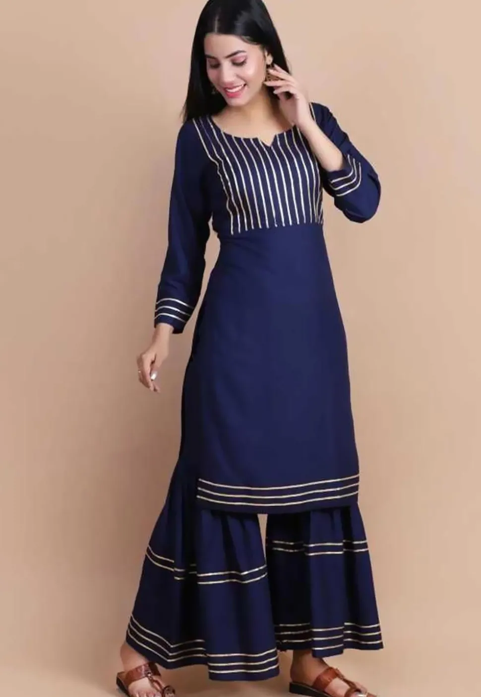 Embellished Rayon Straight Kurta in Navy Blue