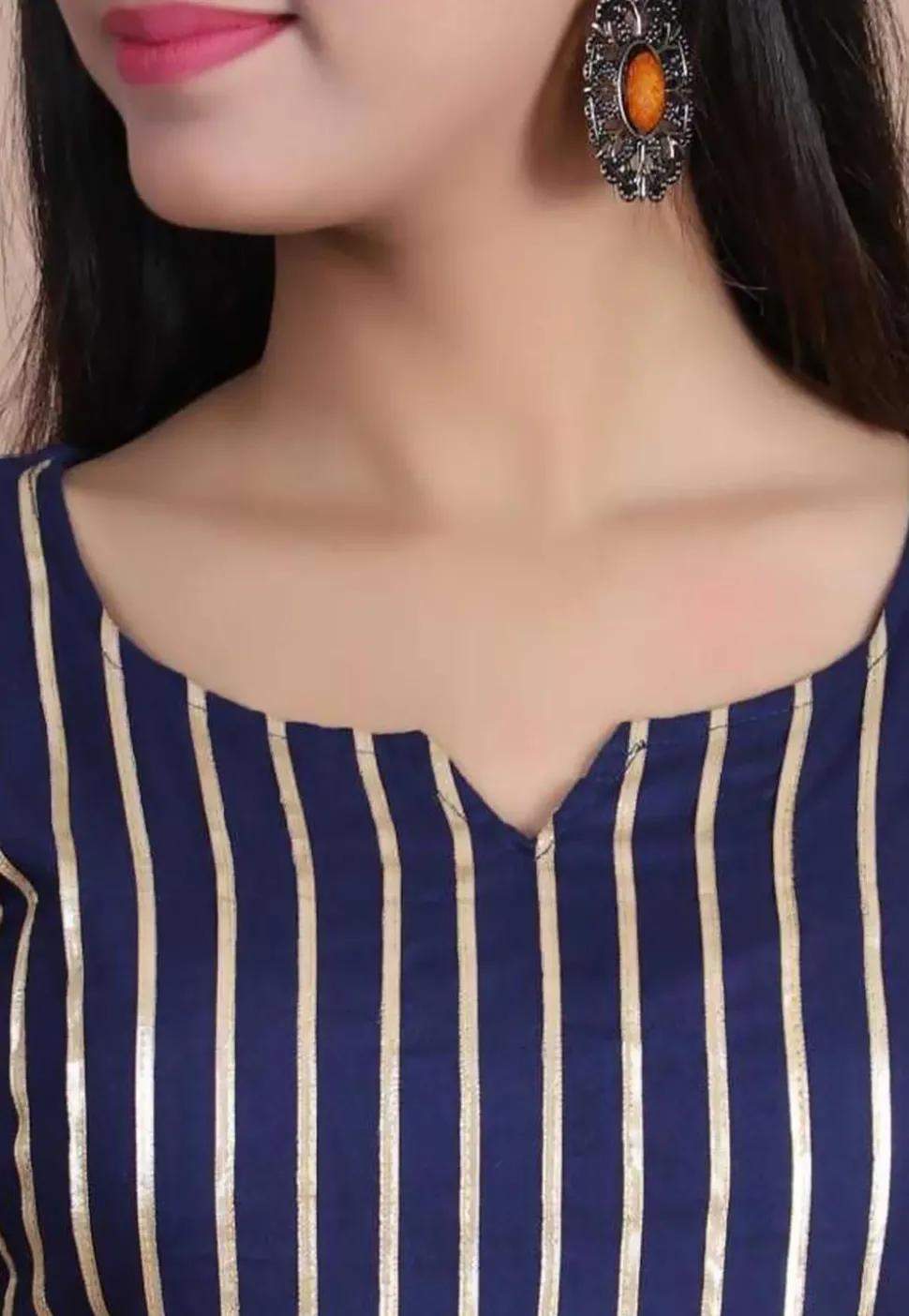 Embellished Rayon Straight Kurta in Navy Blue