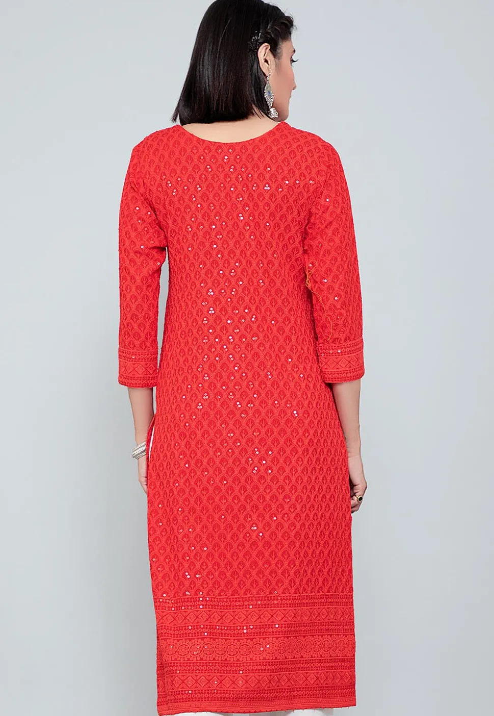 Embellished Rayon Straight Kurti in Red