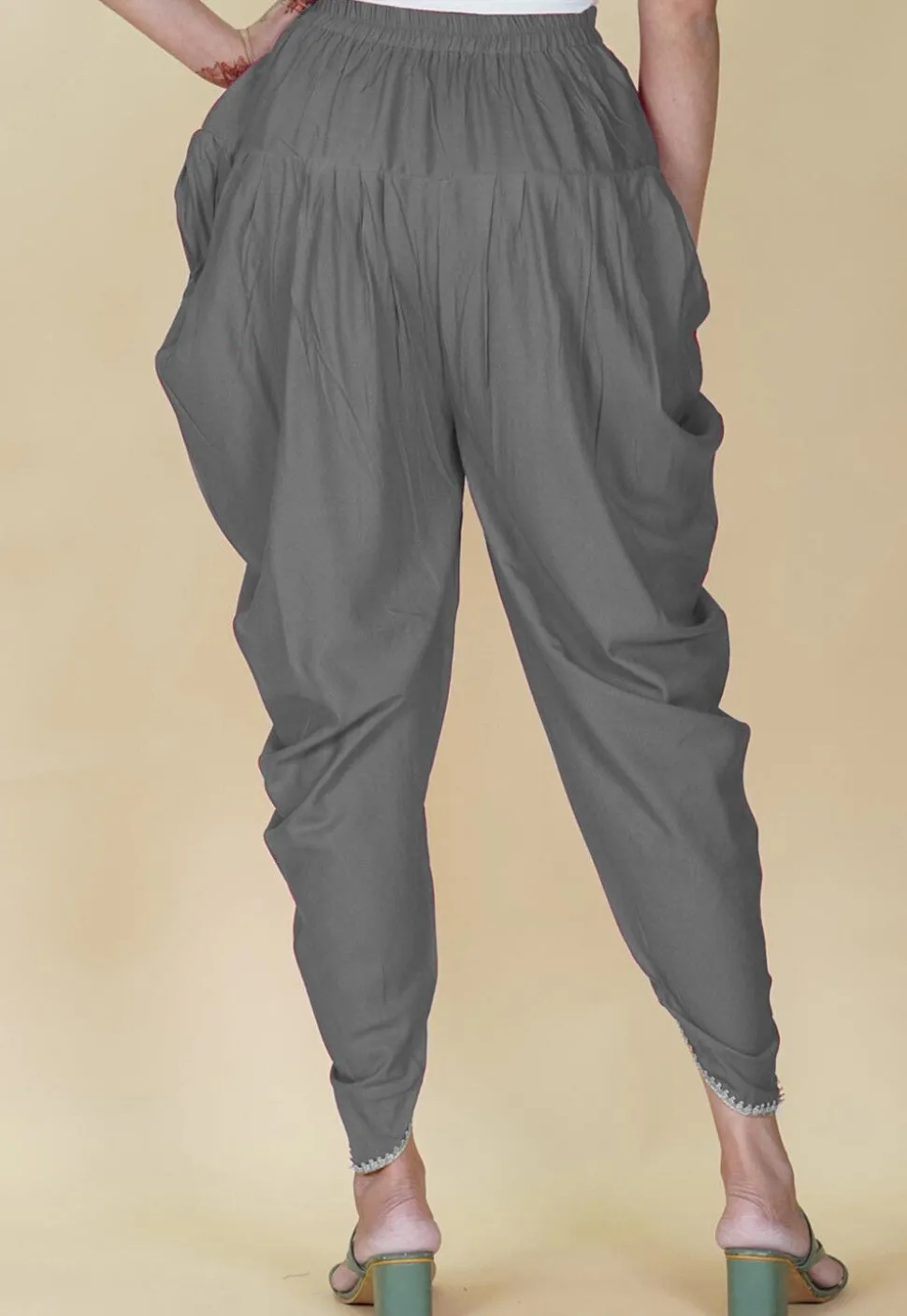 Embellished Rayon Tulip Pant in Grey