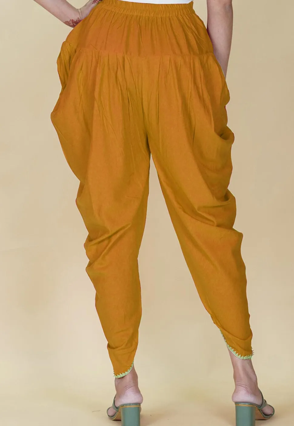 Embellished Rayon Tulip Pant in Mustard