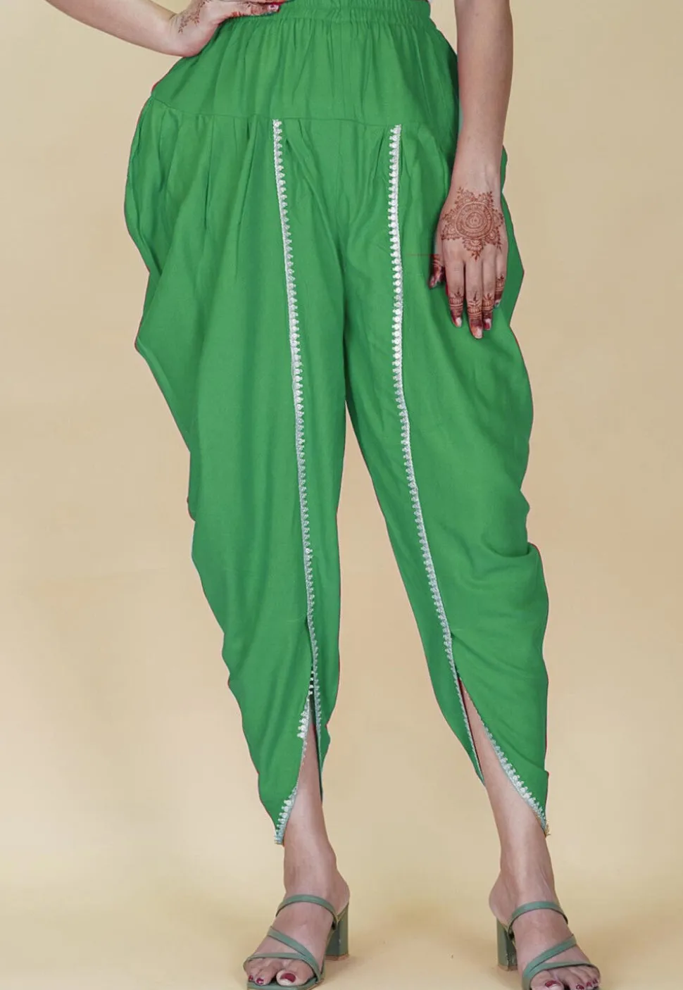 Embellished Rayon Tulip Pant in Green