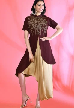 Embellished Satin Asymmetric Dress in Beige and Maroon