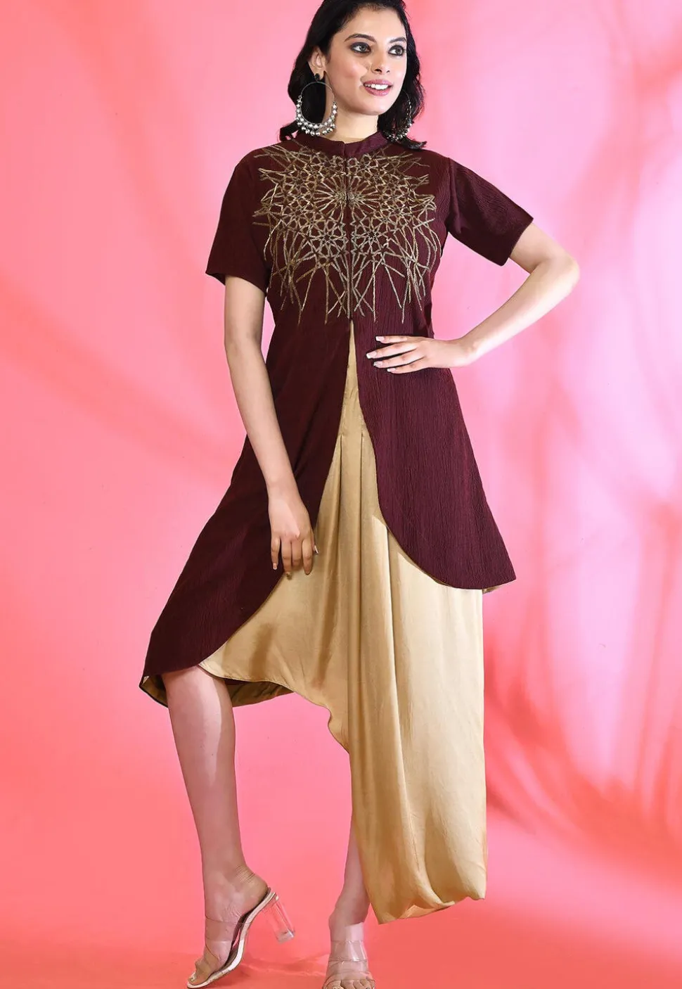Embellished Satin Asymmetric Dress in Beige and Maroon