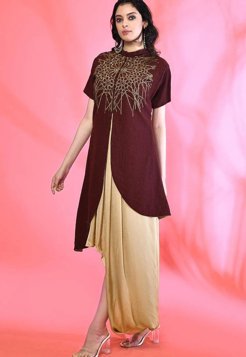 Embellished Satin Asymmetric Dress in Beige and Maroon