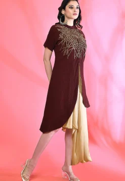 Embellished Satin Asymmetric Dress in Beige and Maroon