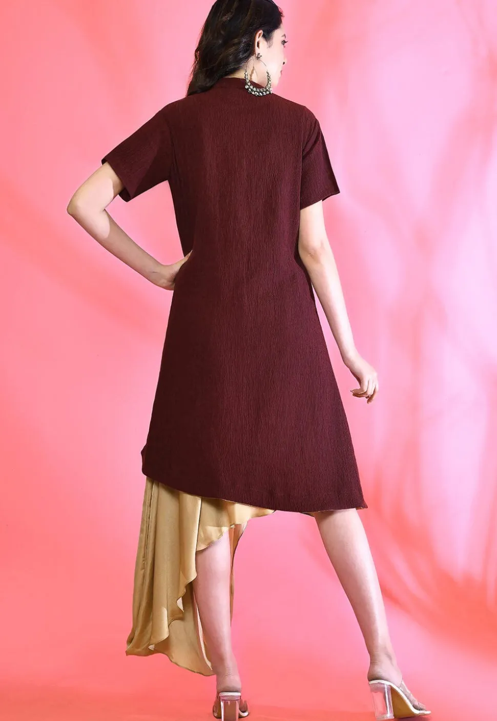Embellished Satin Asymmetric Dress in Beige and Maroon