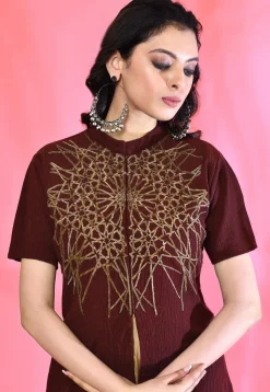 Embellished Satin Asymmetric Dress in Beige and Maroon