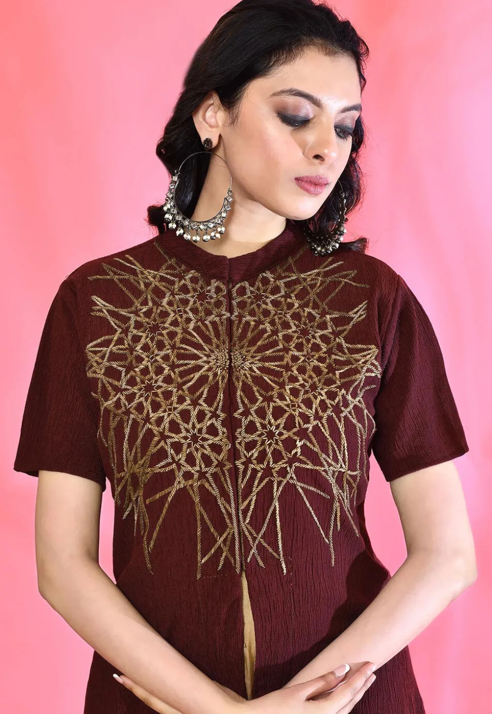 Embellished Satin Asymmetric Dress in Beige and Maroon