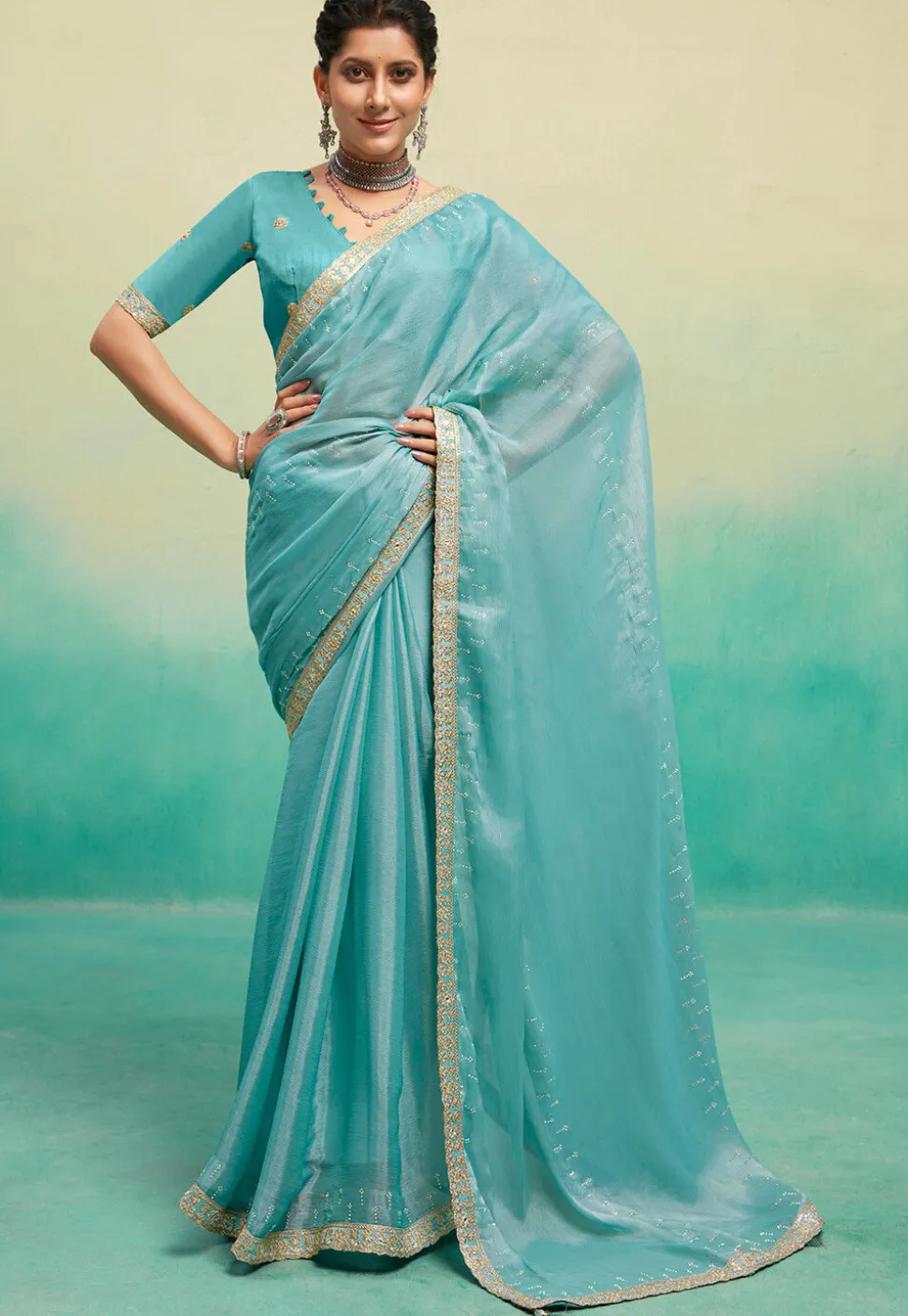 Embellished Satin Chiffon Saree in Sky Blue