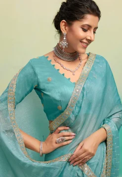 Embellished Satin Chiffon Saree in Sky Blue