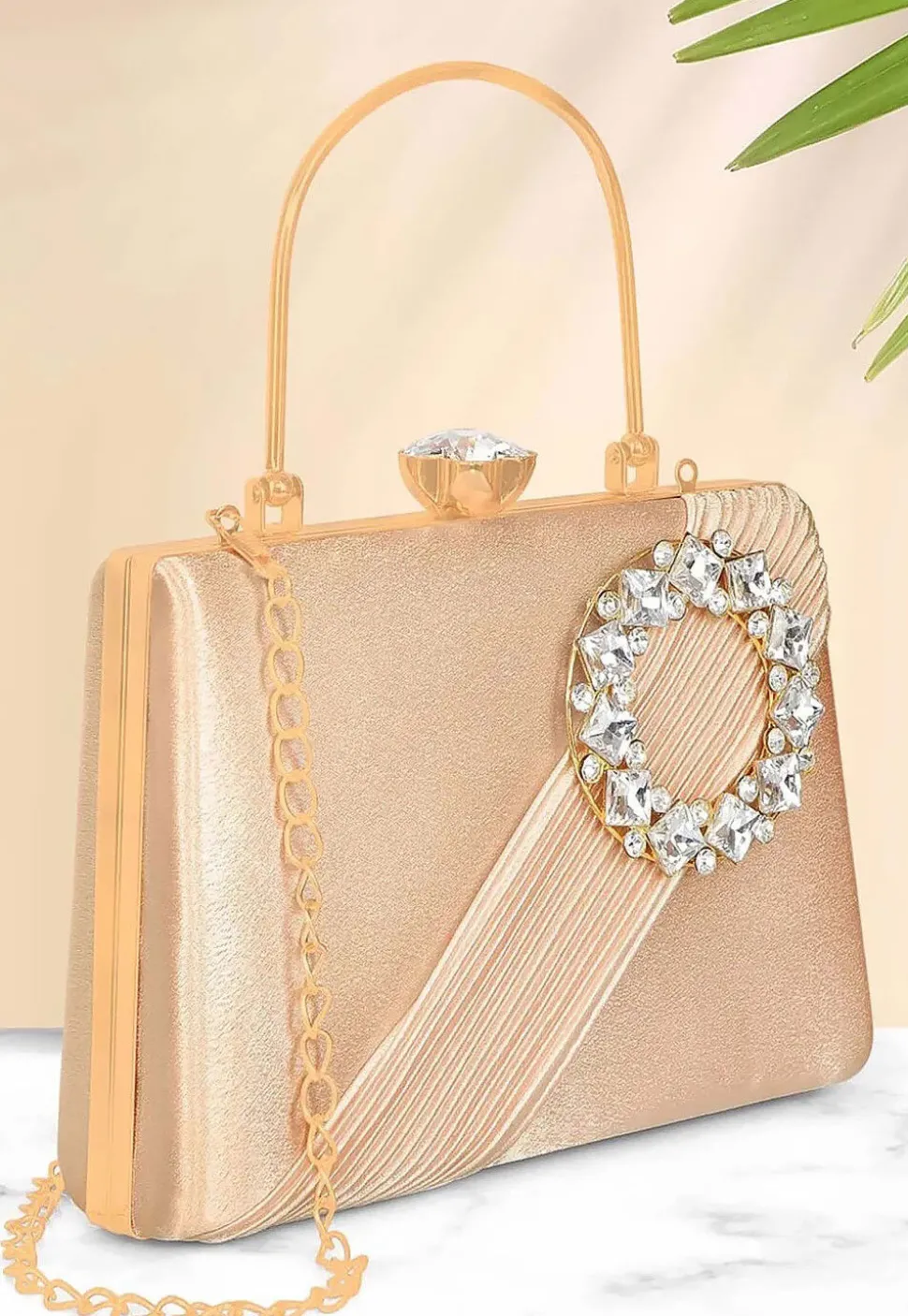 Embellished Satin Clutch with Detachable Chain Strap in Beige