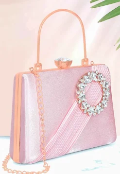 Embellished Satin Clutch with Detachable Chain Strap in Pink