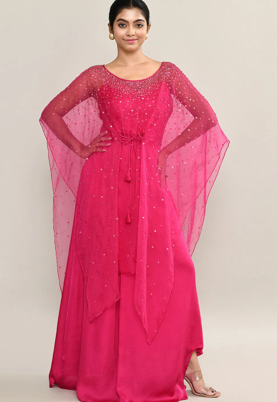 Embellished Satin Crop Top Set in Fuchsia