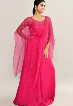 Embellished Satin Crop Top Set in Fuchsia