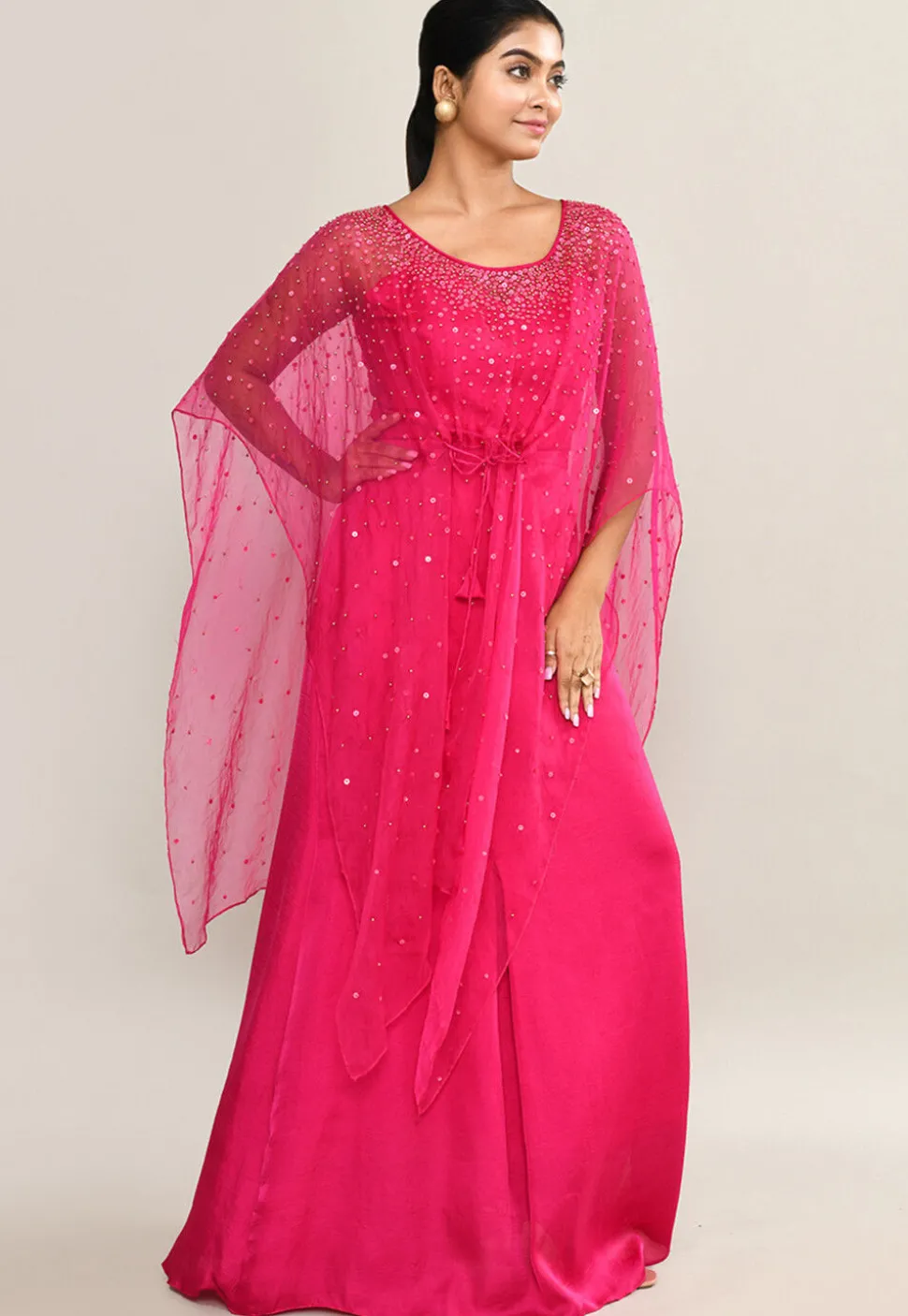 Embellished Satin Crop Top Set in Fuchsia