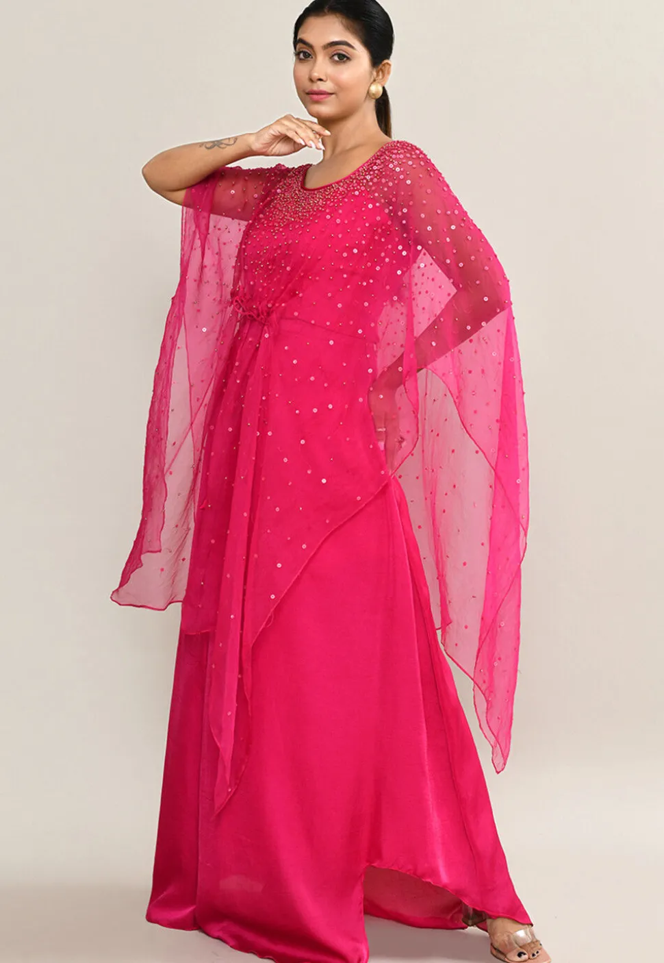 Embellished Satin Crop Top Set in Fuchsia