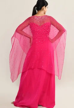 Embellished Satin Crop Top Set in Fuchsia