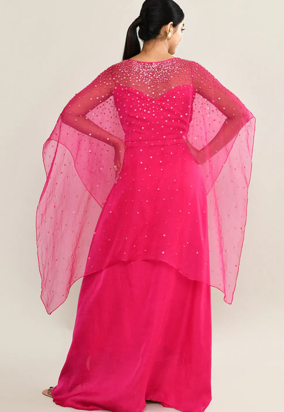Embellished Satin Crop Top Set in Fuchsia