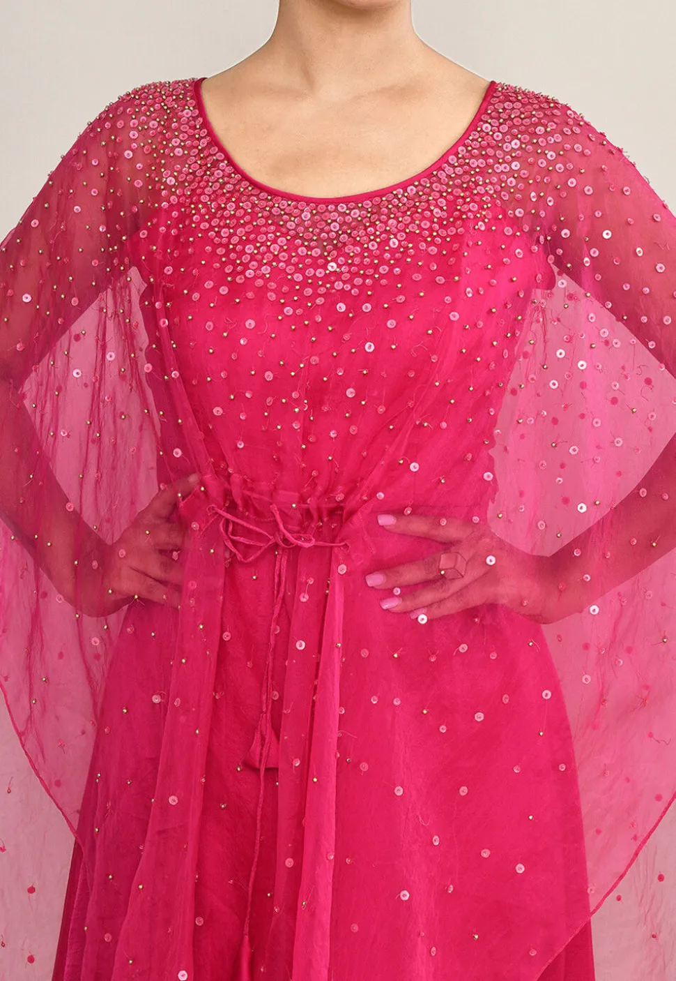 Embellished Satin Crop Top Set in Fuchsia