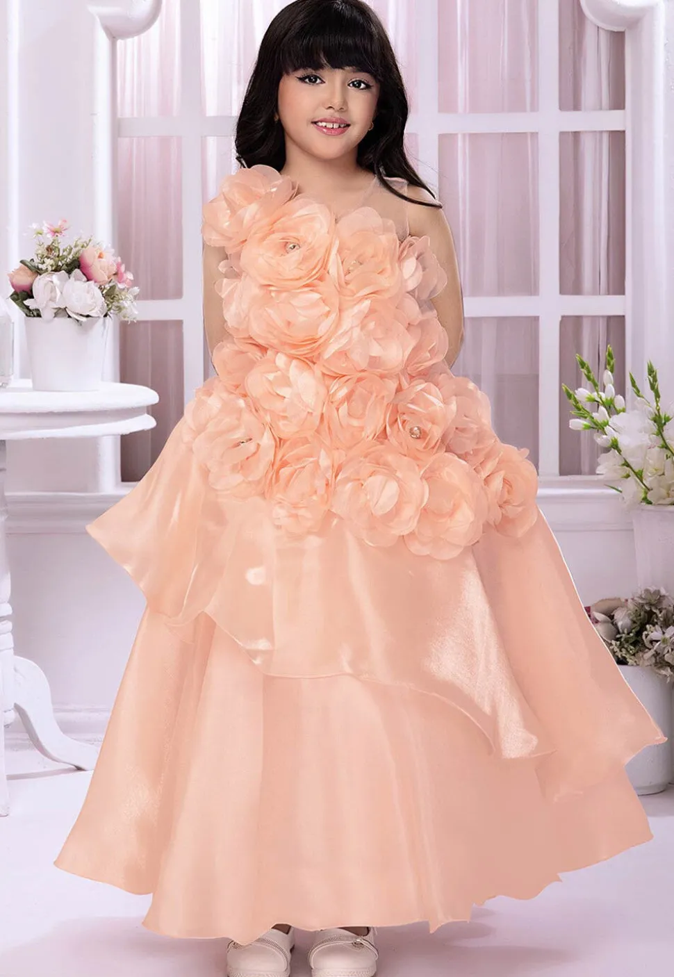 Embellished Satin Gown in Peach