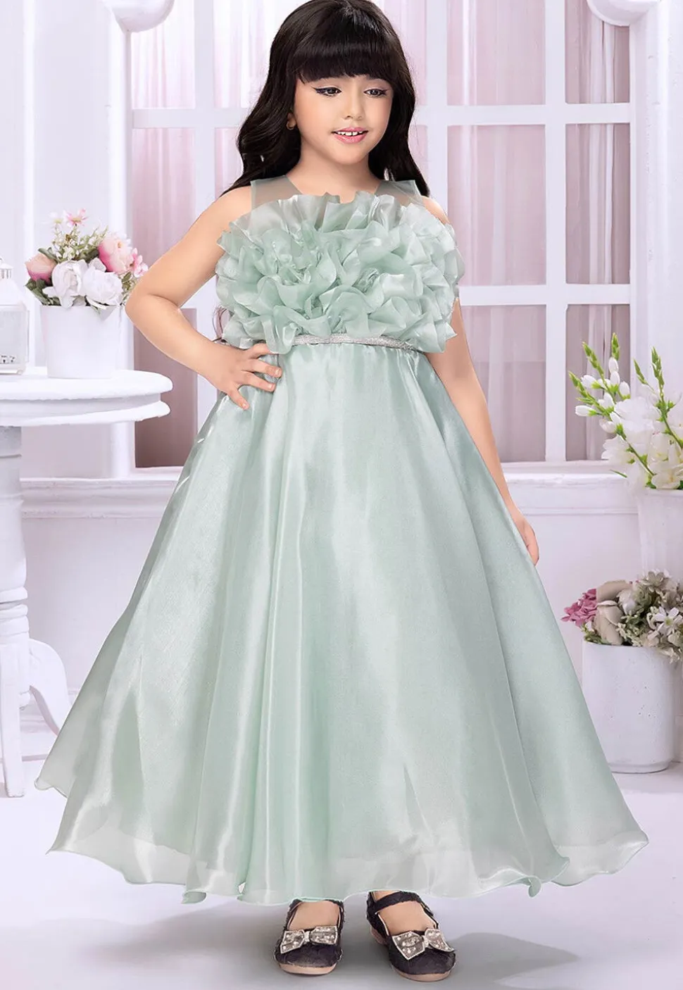 Embellished Satin Gown in Sea Green