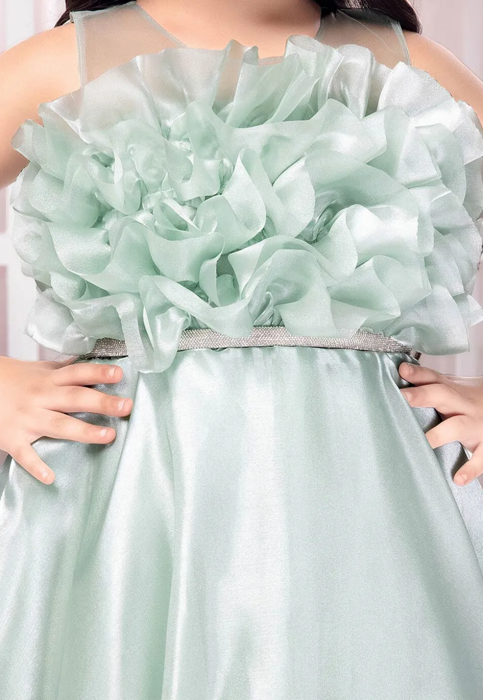 Embellished Satin Gown in Sea Green