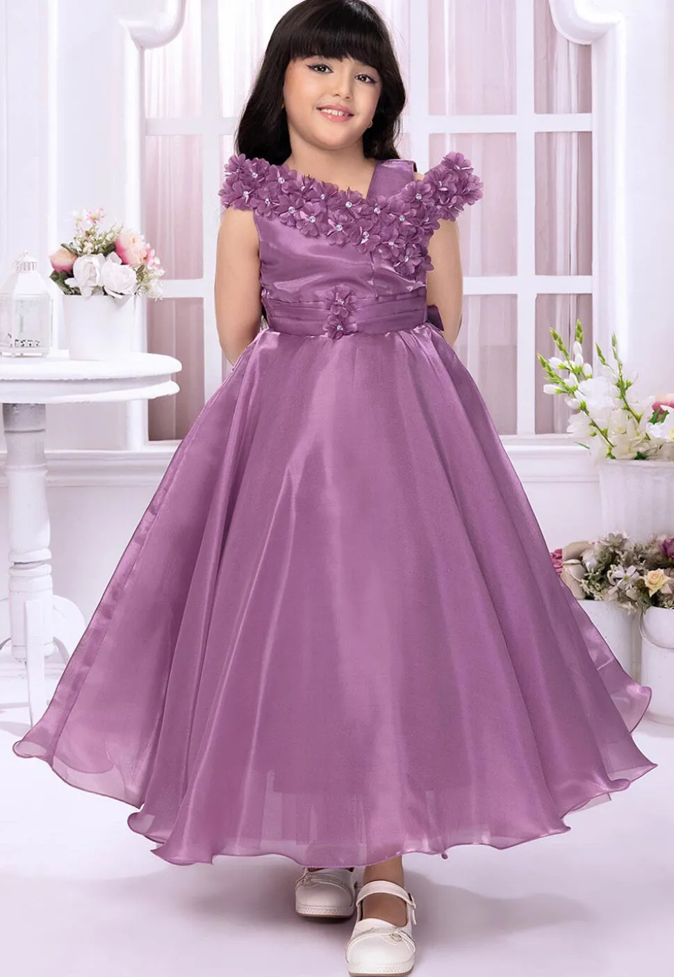 Embellished Satin Gown in Purple