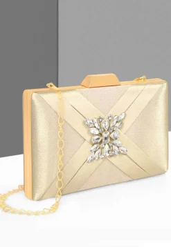 Embellished Satin Rectangular Clutch with Detachable Chain Strap in Cream