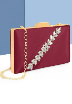 Embellished Satin Rectangular Clutch with Detachable Chain Strap in Maroon