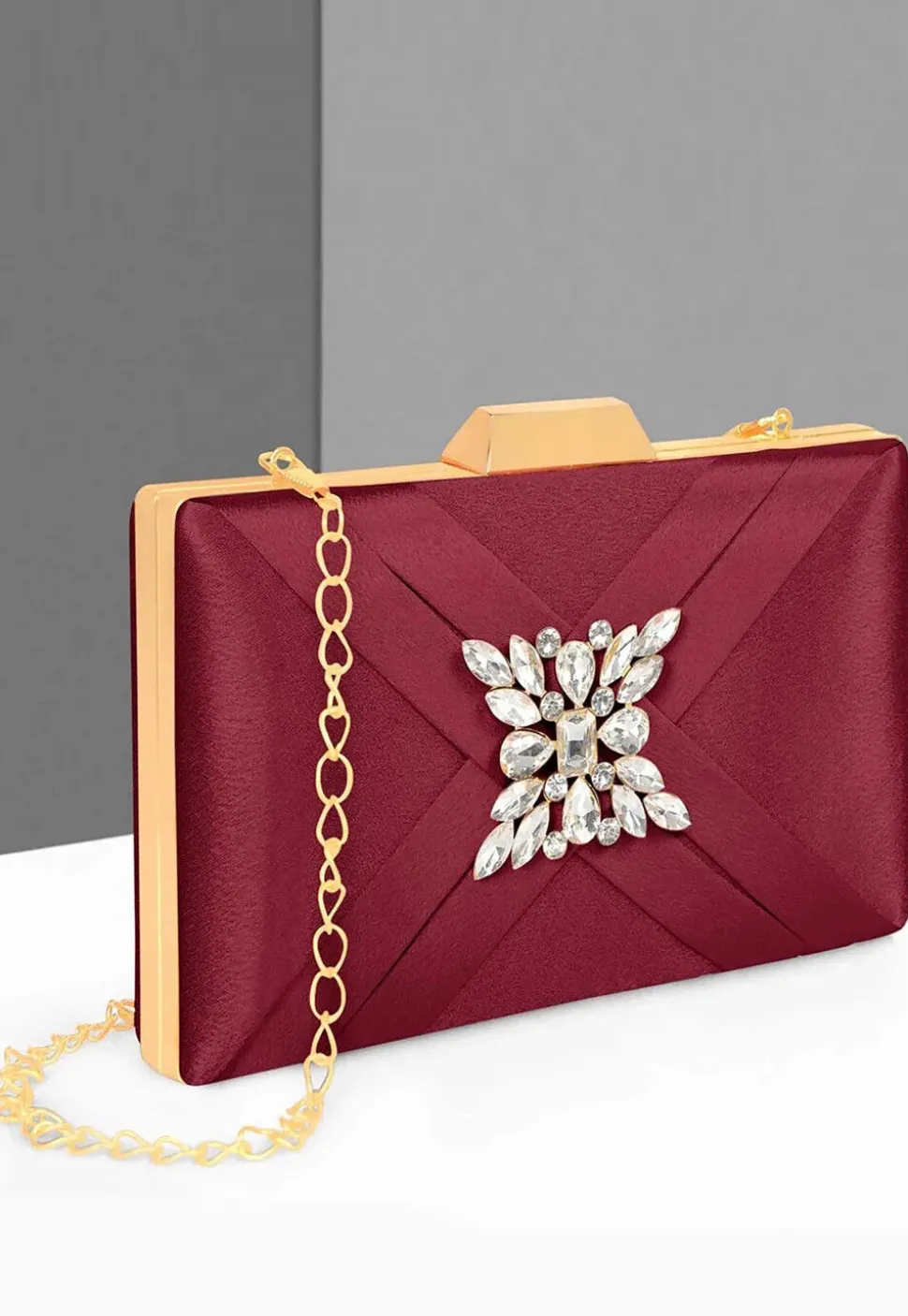 Embellished Satin Rectangular Clutch with Detachable Chain Strap in Maroon