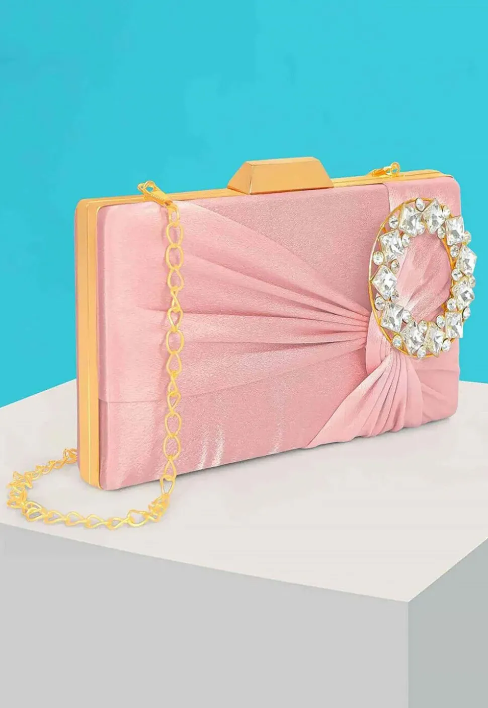 Embellished Satin Rectangular Clutch with Detachable Chain Strap in Pink