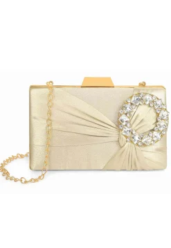 Embellished Satin Rectangular Clutch with Detachable Chain Strap in Cream