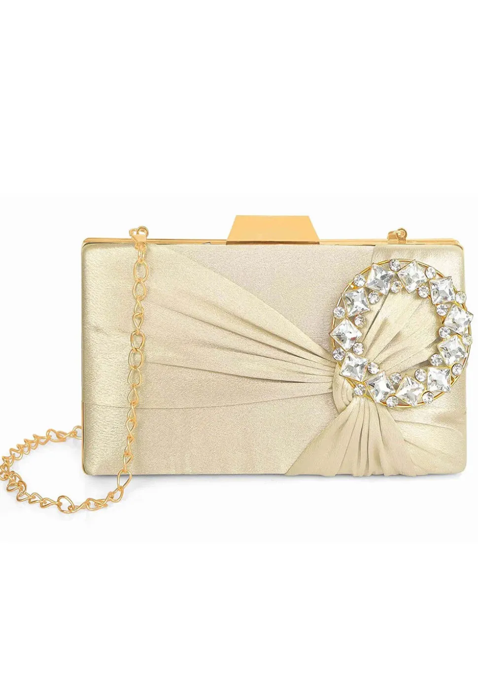 Embellished Satin Rectangular Clutch with Detachable Chain Strap in Cream
