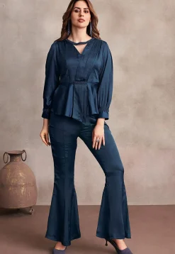 Embellished Satin Top Set in Teal Blue
