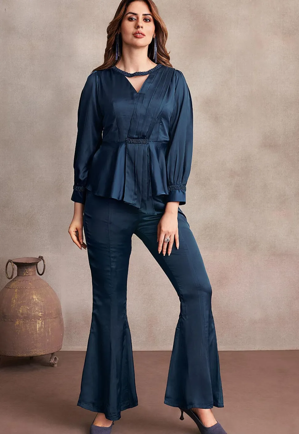 Embellished Satin Top Set in Teal Blue