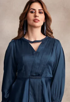 Embellished Satin Top Set in Teal Blue