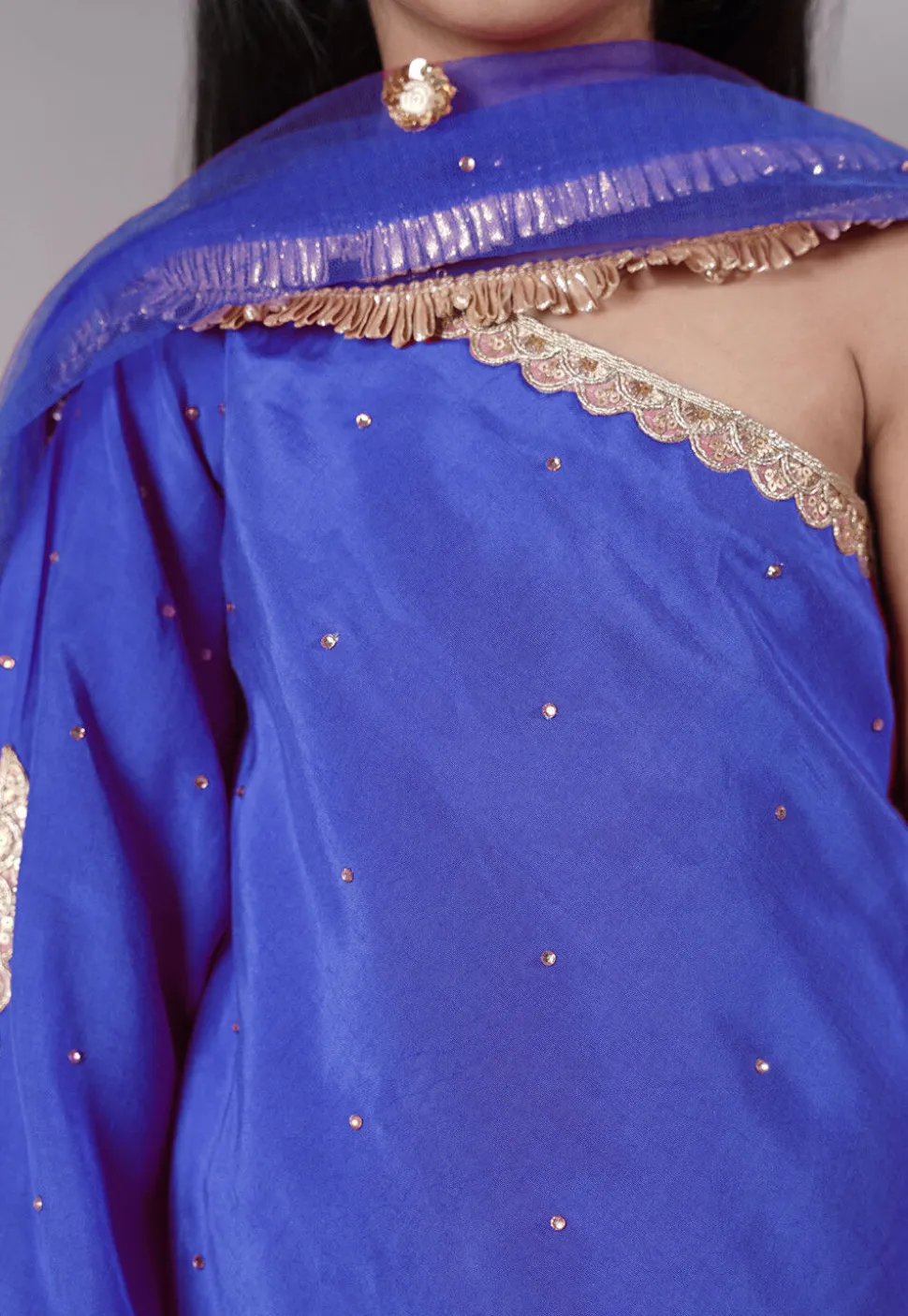 Embellished Shantoon Asymmetric Pakistani Suit in Royal Blue