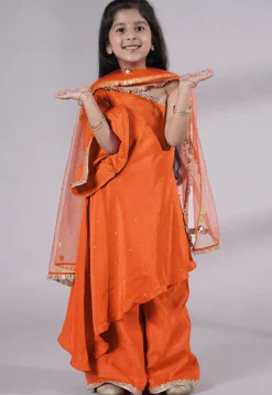 Embellished Shantoon Asymmetric Pakistani Suit in Orange