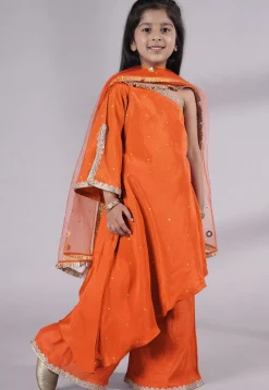 Embellished Shantoon Asymmetric Pakistani Suit in Orange